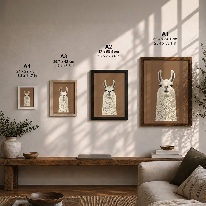 Gentle Llama Portrait Modern - Framed Print, Walnut, A1 - 84.1 x 59.4 cm
