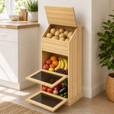 Bac de rangement pour pommes de terre, bac de rangement pour pommes de terre et oignons à 3 niveaux avec couvercle, boîte à pain en bois pour fruits et légumes, contenants de rangement des aliments pour garde-manger (chêne)