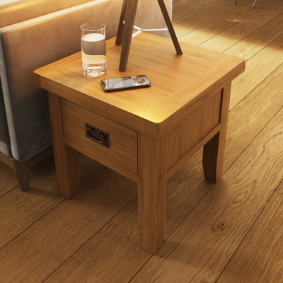 Alzenia End Side Lamp Table. Solid Oak. Fully Assembled. Burnished Brass Handles