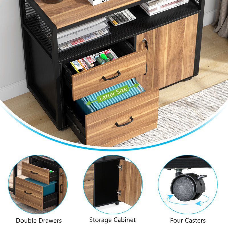 Walnut and Black Lockable File Cabinet with Drawers and Casters