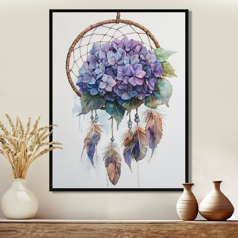 Kibler Hydrangea Dreamcatcher II - hortensia, décoration murale, Noir, Reproduction avec cadre flottant, H 20 po x l 12 po