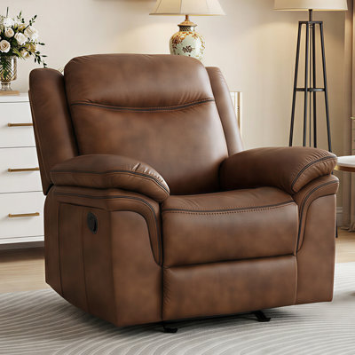 Rocker Recliner Chair, Faux Leather Manual Reclining Chair With Pillow Top Armrest, Tall Headrest & Footrest