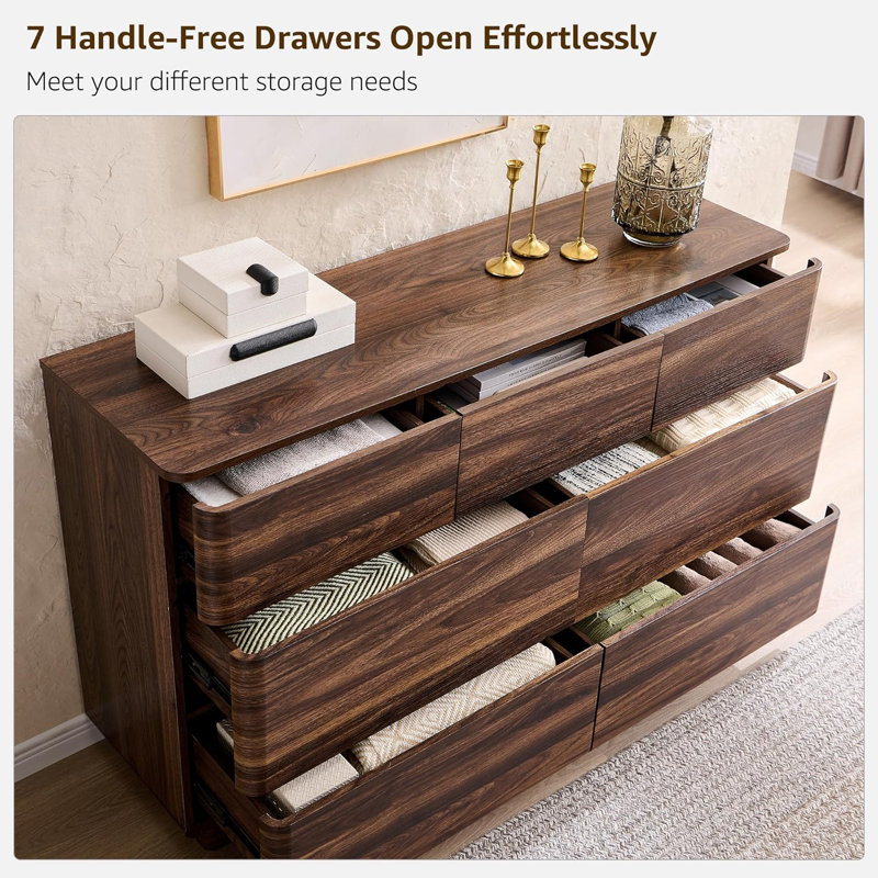 52" Wide Modern 7 Drawer Dresser, Wood Handleless Dresser Chest Of Drawers For Bedroom, Brown