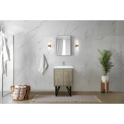 24 po Avec meuble-lavabo de salle de bain rustique avec surface en quartz blanc, miroir coulissant sans cadre 18, fonction de fermeture en douceur et comptoir à tablette ouverte, armoire intérieure ronde