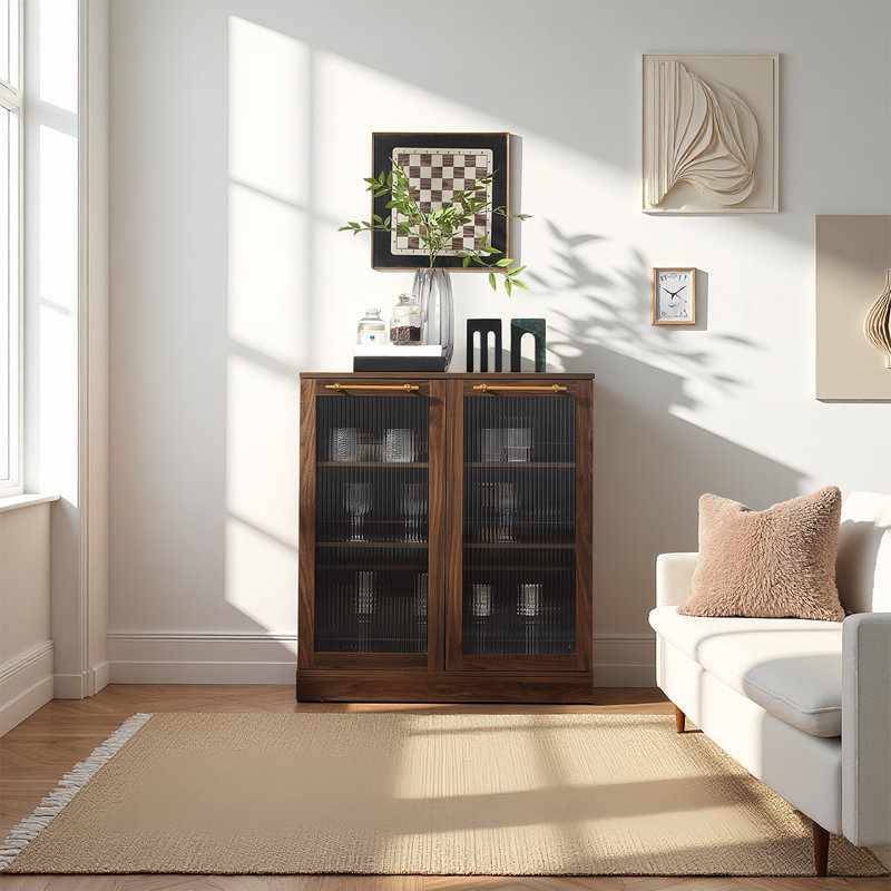 34.6 Inch Kitchen Storage Cabinet With 6 Integrated Shelves For Improved Organization, Contemporary Storage Cabinet With Adjustable Shelves And Glass Doors