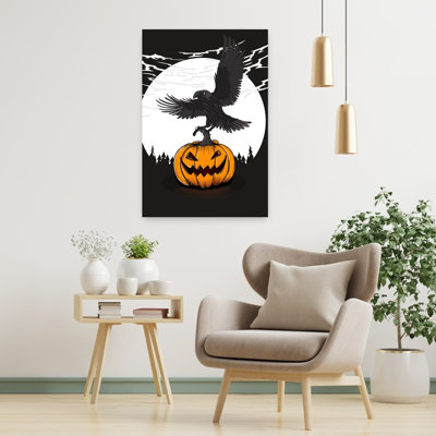 Corbeau de nuit sur citrouille - Affiche murale abstraite contemporaine représentant un oiseau de la forêt d'automne