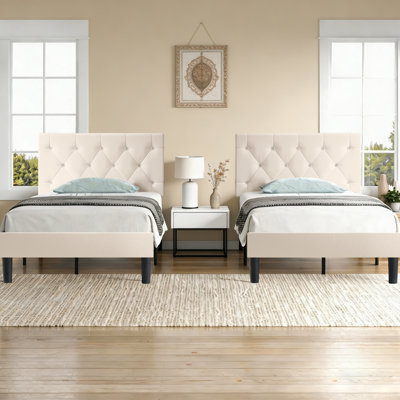 Twin Size Bed Set Upholstered Platform With Adjustable Diamond Tufted Headboard