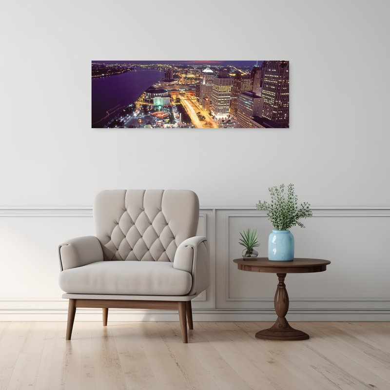 Buildings in a downtown district at night Detroit Wayne County Michigan USA 1 Piece Wrapped Canvas Panoramic Wall Art