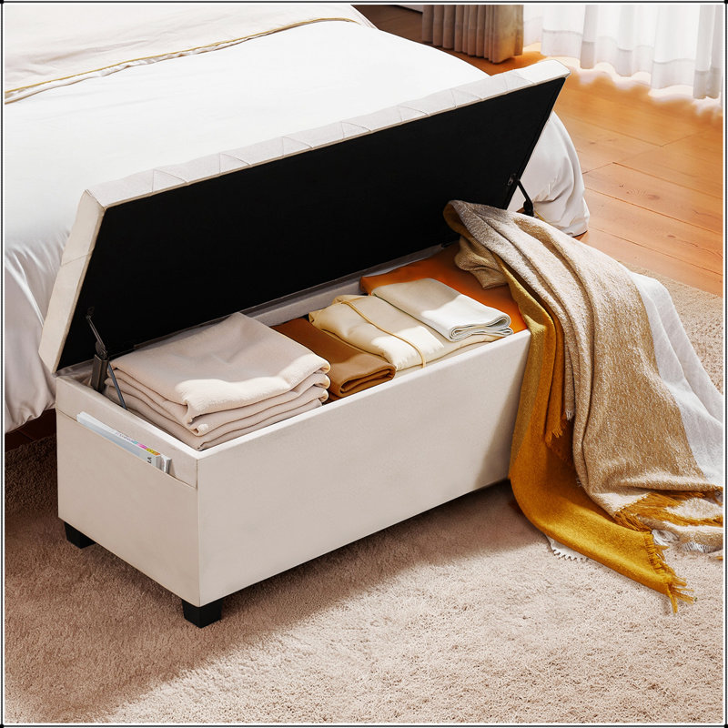 Banc de rangement avec repose-pieds, banc de bout capitonné avec sacs latéraux, commode de rangement rembourrée avec structure en métal, repose-pieds en lin pour le salon, la chambre à coucher, l'entrée, le bureau