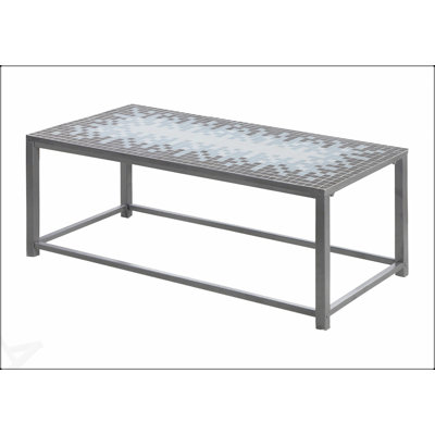 Table basse rectangulaire en mosaïque avec carreaux bleus et gris, base en métal robuste pour le salon