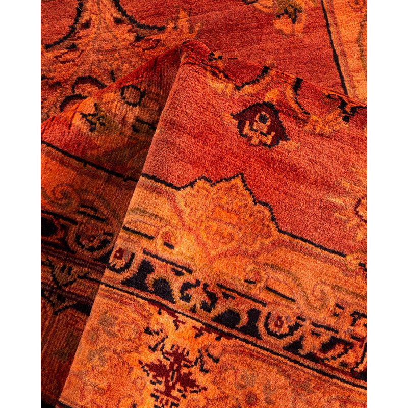 Burnt Orange Hand-Knotted Wool Floral Motif Area Rug