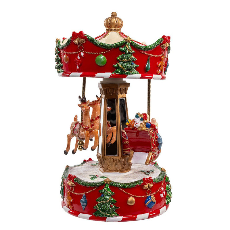 Red Pinewood Musical Wind-Up Christmas Carousel Table Piece