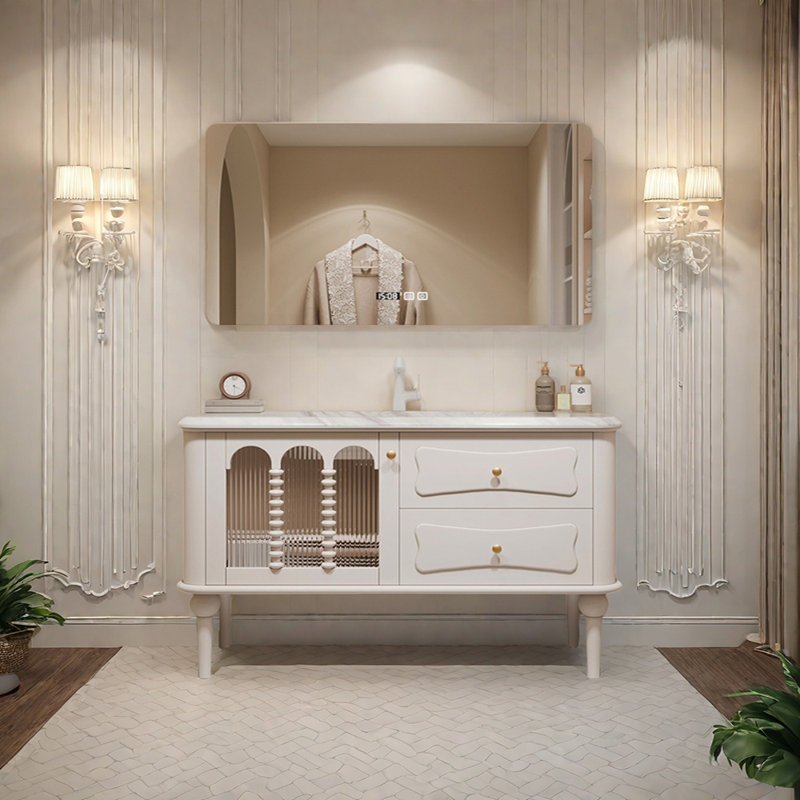 French minimalist cream-style bathroom cabinet, 55"