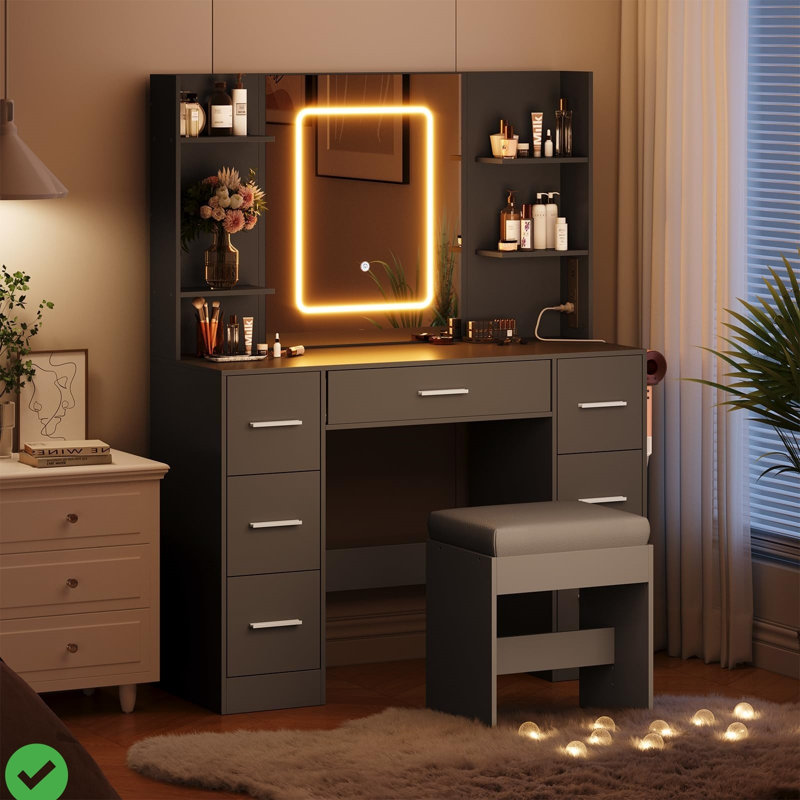 Table de coiffeuse avec miroir et lumières, Noir