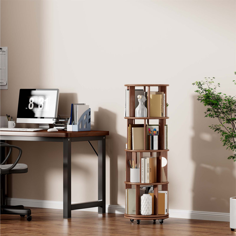 Bibliothèque tournante 100% en bois massif sur roulettes, bibliothèque rotative ronde à 4 niveaux, rotation à 360 ° pour les petits espaces et les coins