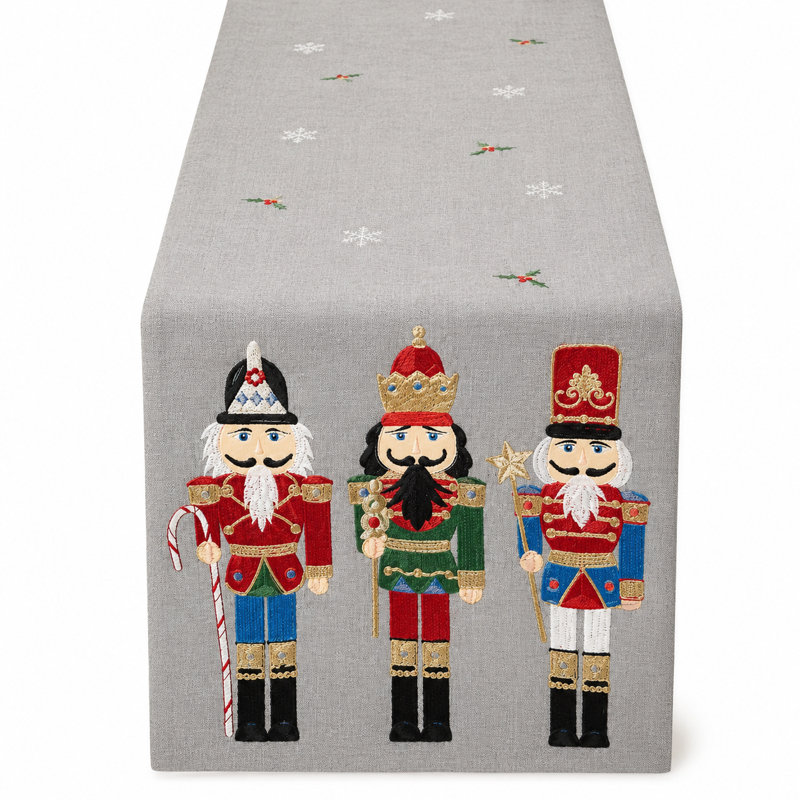 Embroidered Nutcracker Christmas Table Runner 14" X 70" - Grey Fesitve Table Cover With Snowflake & Holly Embroidery