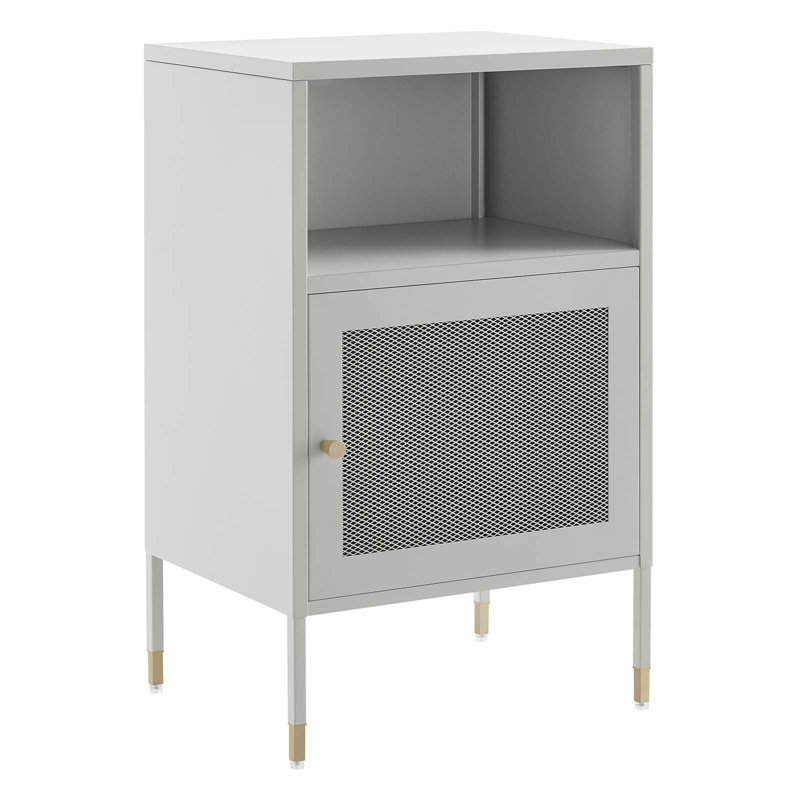 Light Gray Metal Side Table with Storage and Mesh Door