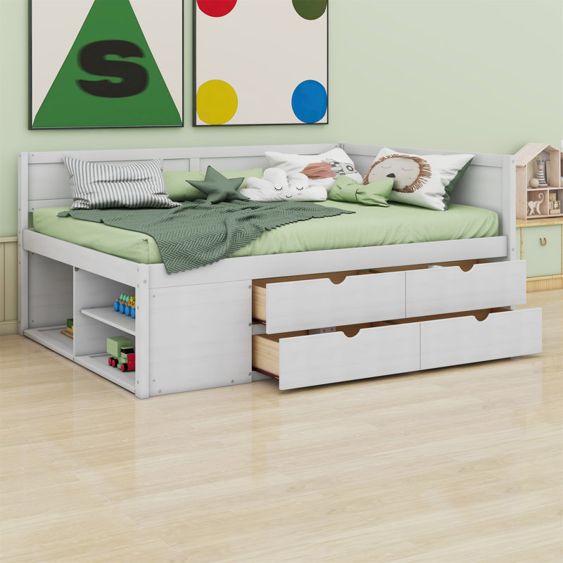 Lit de jour double avec tiroirs et tablettes, Double, Blanc