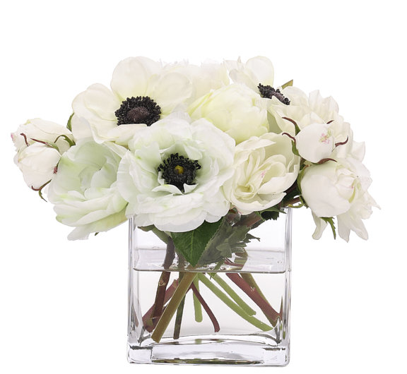 Peony Rose, White, Glass Cube, 10wx9hx8h