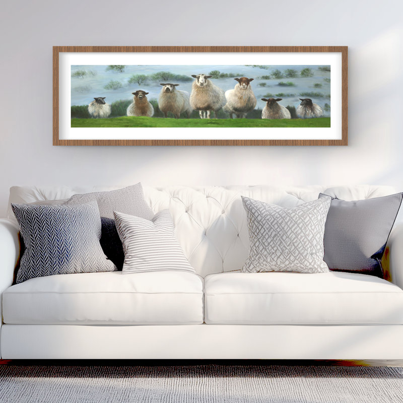 «Flock of Sheep - Farm Animals Landscape», reproduction d'art encadrée
