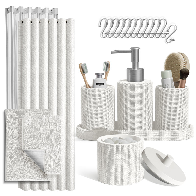 Ensemble d'accessoires de salle de bain 21 pièces avec rideau de douche, doublure, crochets et tapis en chenille Clara Clark