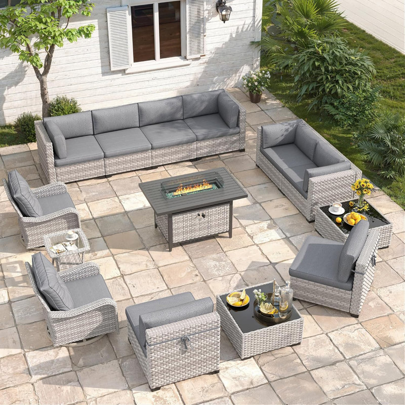 10 - Person Outdoor Wicker Patio Conversation Furniture Set with Fire Pit Table, Charcoal Grey, Black