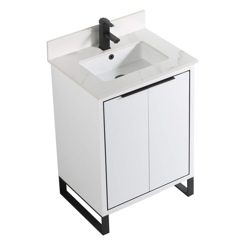 Meuble-lavabo simple autoportant de 24 po avec plateau en pierre Minday, Noir mat, Blanc mat