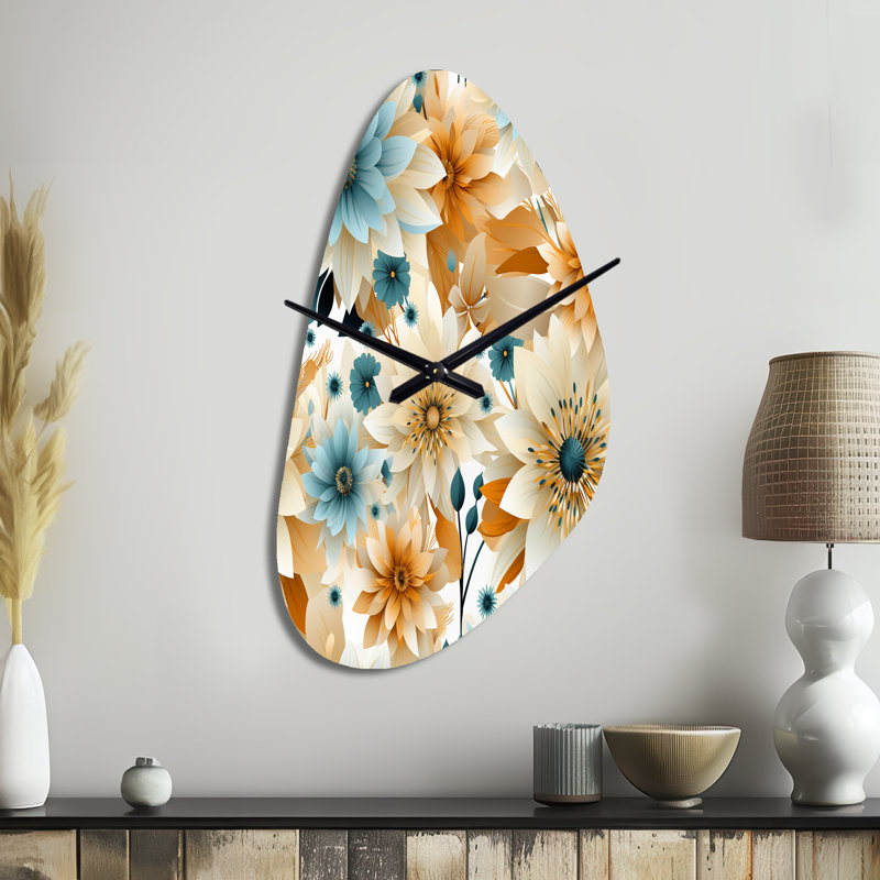 Bleu et beige géométrique fusion florale élégance - horloge murale asymétrique florale, Grand