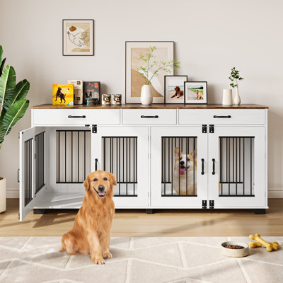 Meuble double 71 po pour 2 chiens 71 po - chenil d'intérieur robuste avec 3 tiroirs de rangement