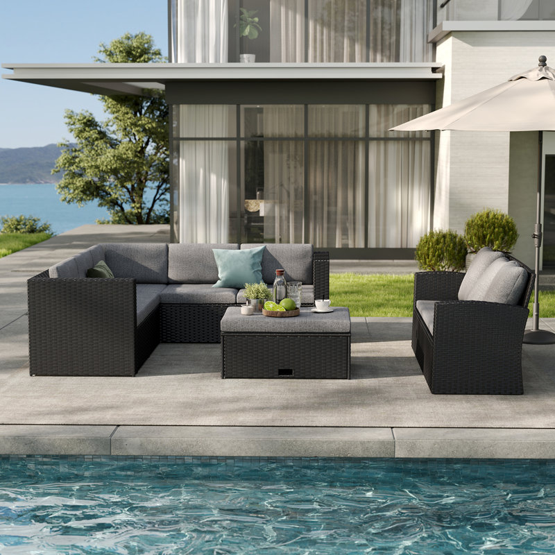 Luxury 8-person Pe Rattan Patio Sofa Set With Multifunctional Ottoman And Weather-resistant Cushions