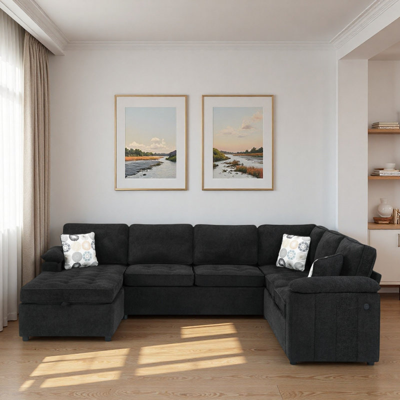 Canapé modulaire moderne en forme de U avec repose-pieds de rangement caché, deux ports de chargement USB et coussins décoratifs imprimés