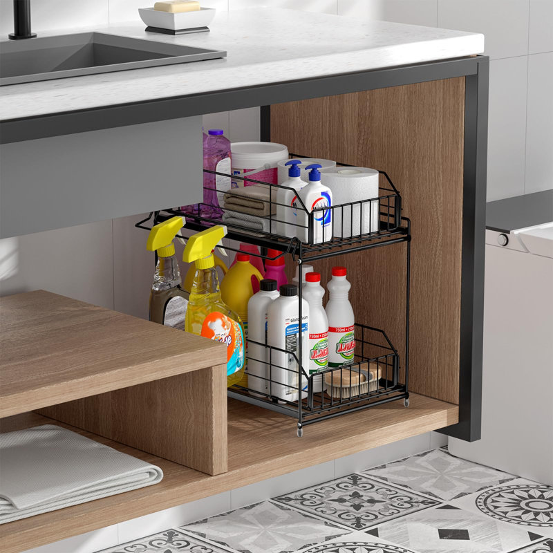 Rangement et organisateur sous évier, étagère coulissante à 2 niveaux, grande tablette en métal noir, barre de suspension, organisateur de placard de cuisine et salle de bain, tiroir de rangement coulissant pour garde-manger, lot de 2, (noir)