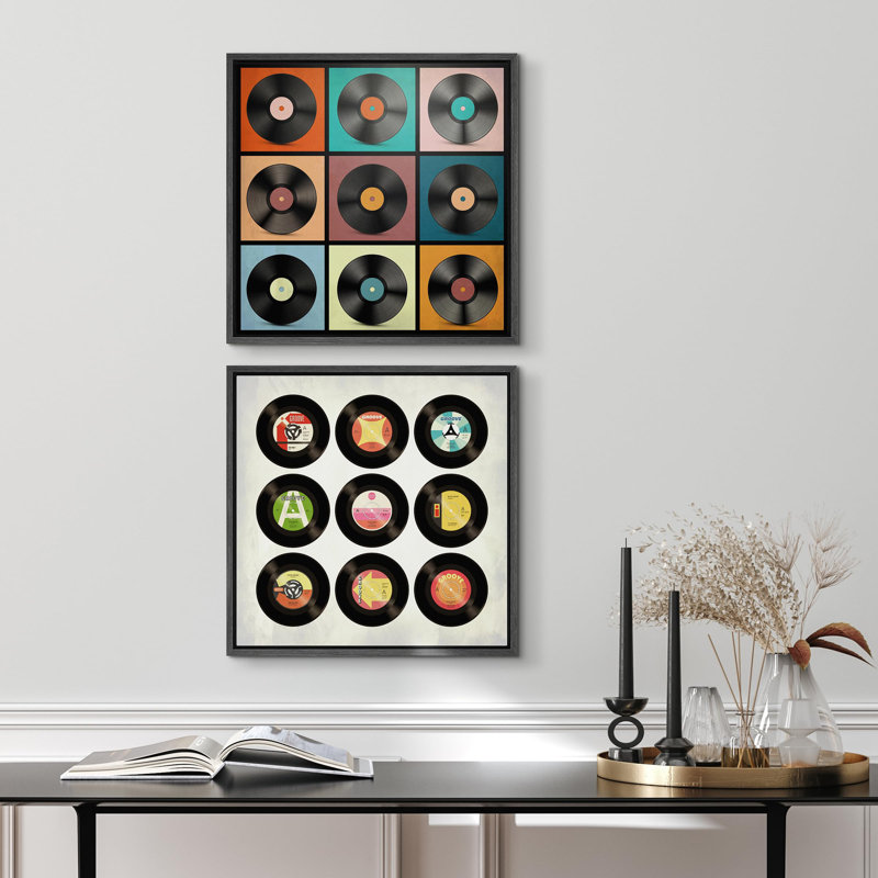 Music " Multicolor Record CD Circle Music Player Collages Illustrations Modern Contemporary Art Decor " 2 - Pieces