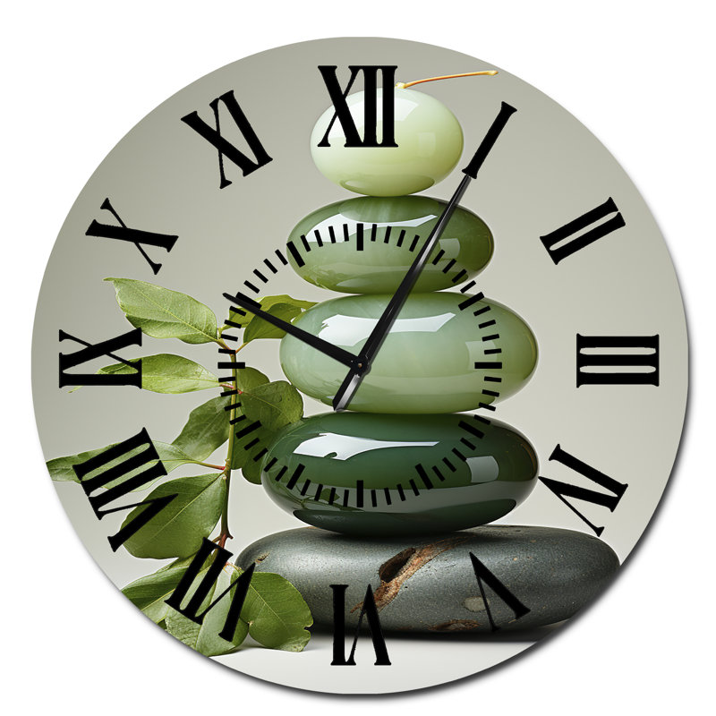 Green Zen Spiritual Stone 3 - Spiritual Stone Black Face Wall Clock, Oversized