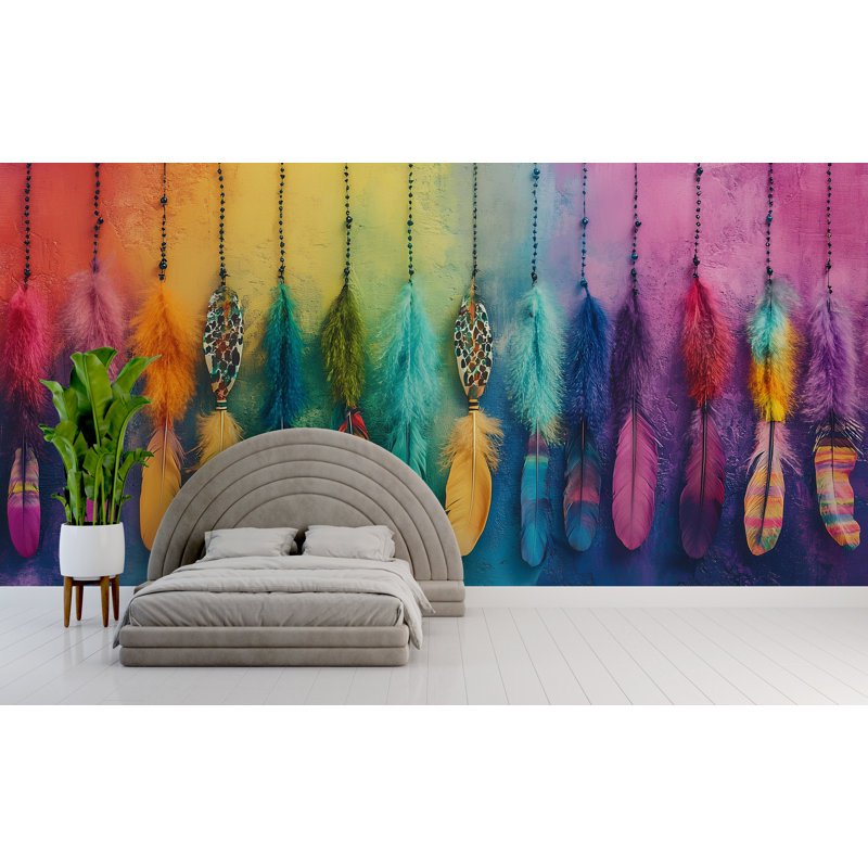 Plumes colorées de bohème colorées sur le mur - brins de plumes multicolores pour le papier peint décoratif de décoration intérieure - déclaration artistique vibrante (non tissé)