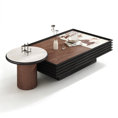 Brown Multi-layer Wood + Walnut Veneer + Stone Top Rectangle&Round Coffee Table Sets