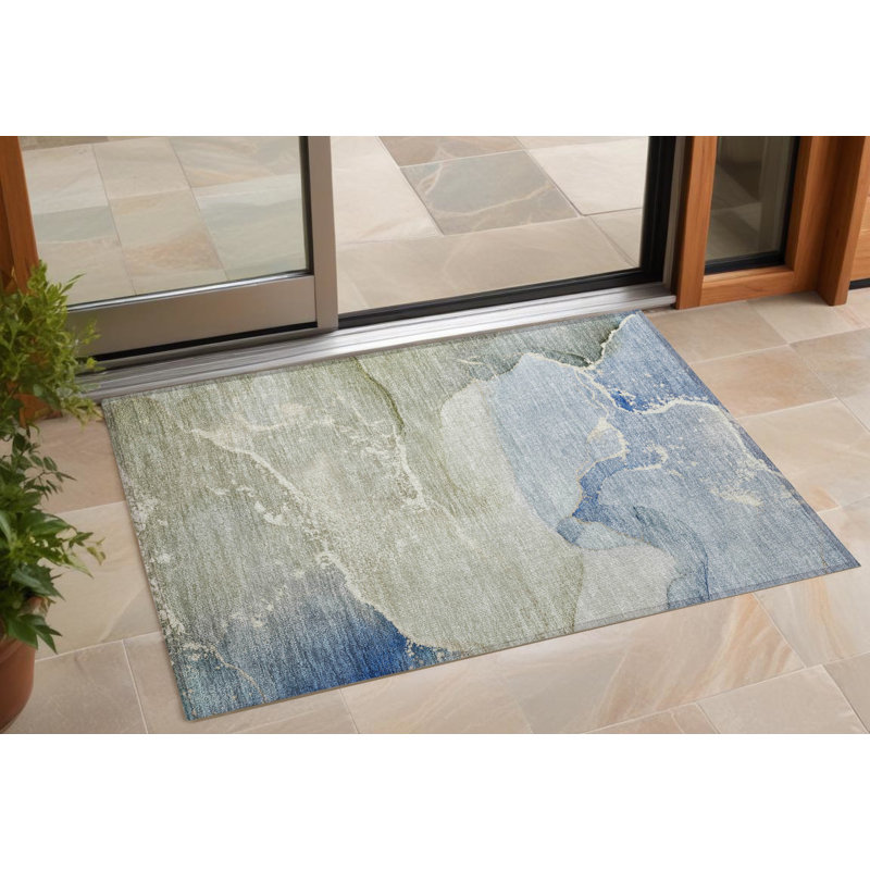 3' X 5' Blue and Green Abstract Washable Indoor Outdoor Area Rug
