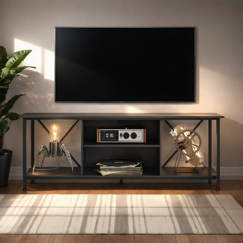 Meuble télé 55 po Nectaria pour téléviseur de 65 po avec tablettes ouvertes, console de télévision industrielle avec tablette de rangement réglable, centre de divertissement avec cadre robuste pour le salon et la chambre à coucher