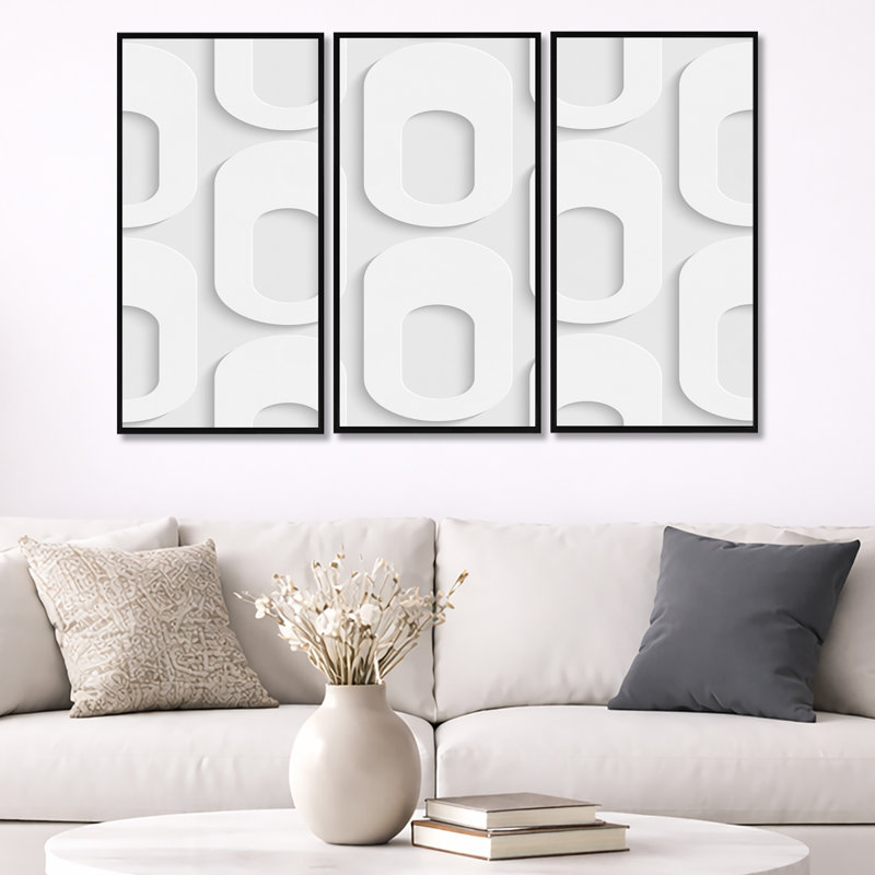 Motif de forme incurvée - ensemble de 3 impressions sur toile flottante, Cadre noir, H 20 po x l 36 po x P 1 po