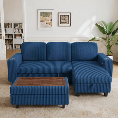 Canapé modulaire en L rembourré en forme de L de 81 po avec repose-pieds, canapé-lit, support de chargement USB et porte-gobelets Sherry