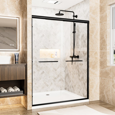 72" High 54" Wide Double Sliding Shower Door Featuring Clear Tempered Glass With Shatter Film, Matte Black Aluminum Frame, , Waterproof Design, Easy Installation For Modern Bathroom H W Door, 1/4"