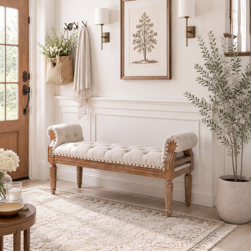 Fabric Upholstered Bench, Beige with Weathered Teak Leg