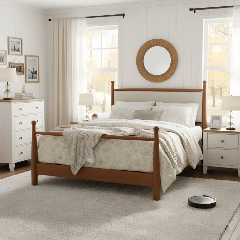 Harlow Modern Farmhouse Poplar Wood Bed Frame with Upholstered Headboard and Slat Support, Queen