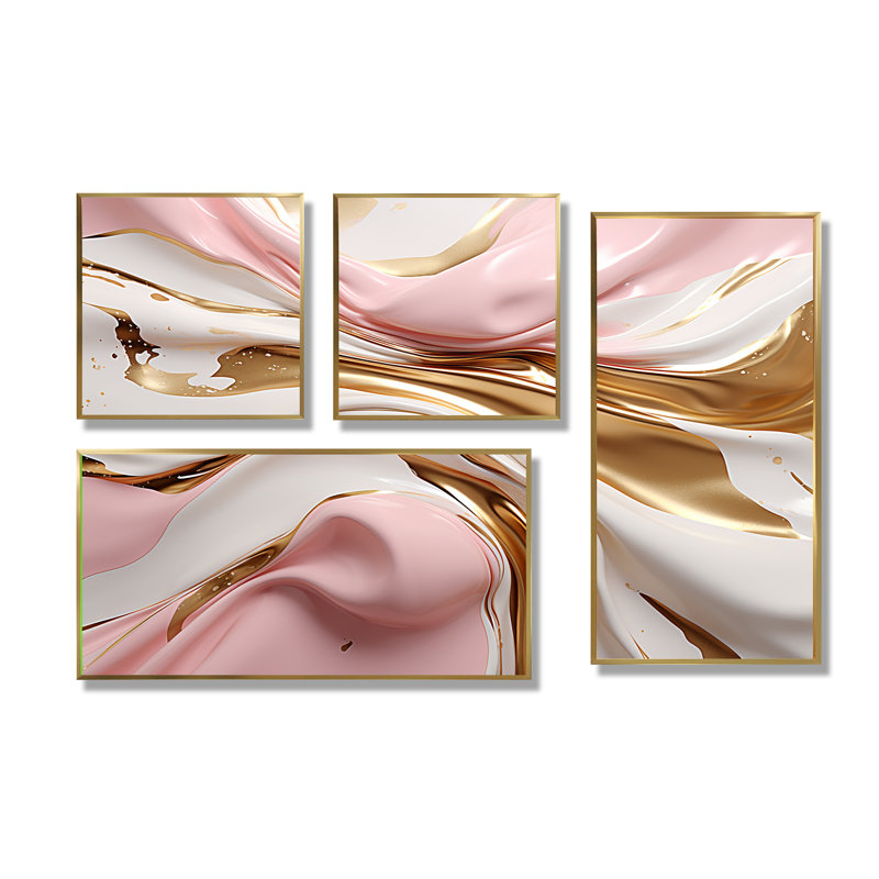 Liquide Glam Wave III - art mural moderne 4 pièces, Impression encadrée sans passe-partout, Doré