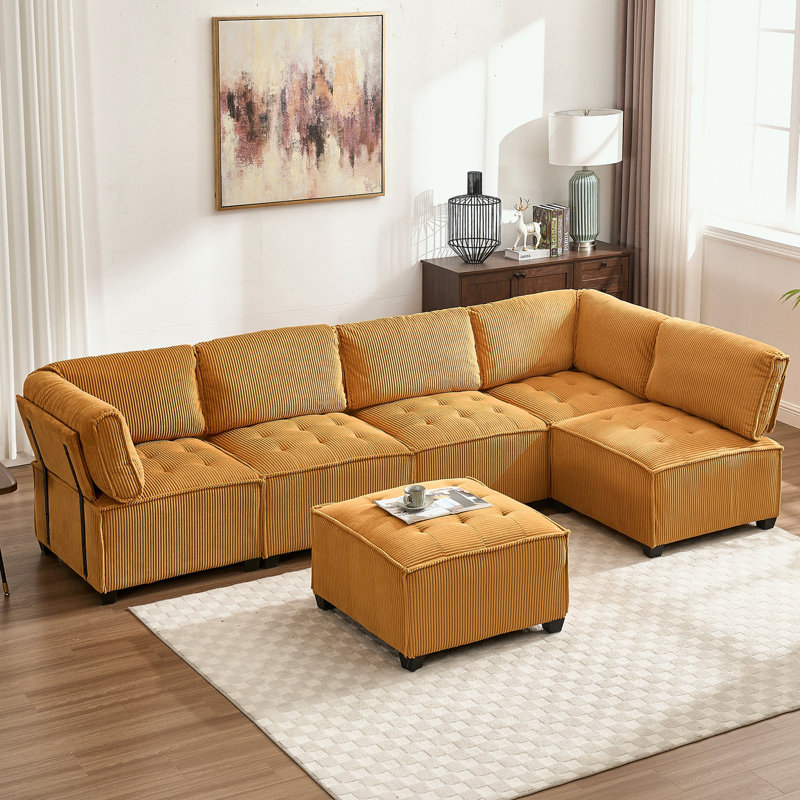 Canapé modulaire en U avec repose-pieds réversible, Velours côtelé jaune moutarde
