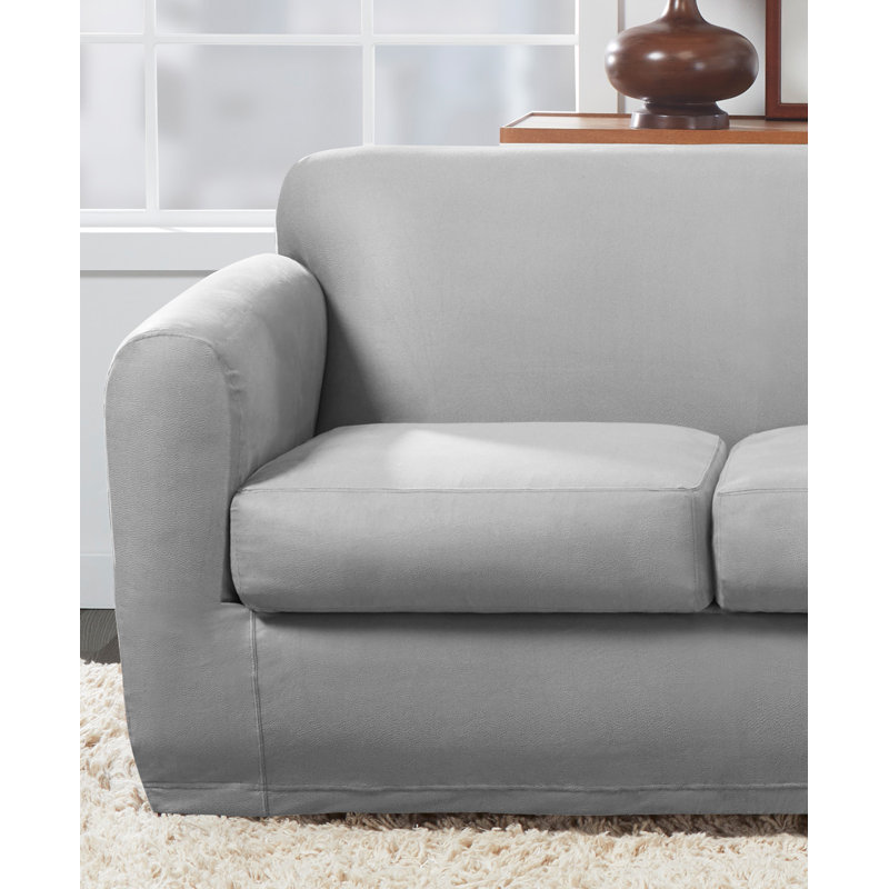 Ultimate Stretch Faux Leather Sofa Slipcover in Light Pebbled Gray