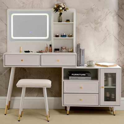 Modern Makeup Vanity Desk with Mirror & Lights, Retractable Dressing Table with Drawers & Cabinet, Makeup Table Set with Power Outlet & 3-Color LED, White