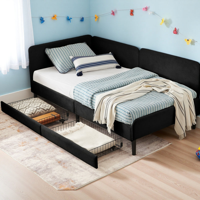 Lit double / double en velours avec 2 tiroirs, cadre de canapé-lit ajustable sans sommier, capacité de 300 lb, Lit double
