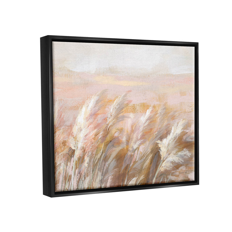 Beige Breezy Prairie Grasses par Danhui Nai - peinture sur toile, H 17 po x l 21 po x P 1,7 po, Cadre flottant noir de jais