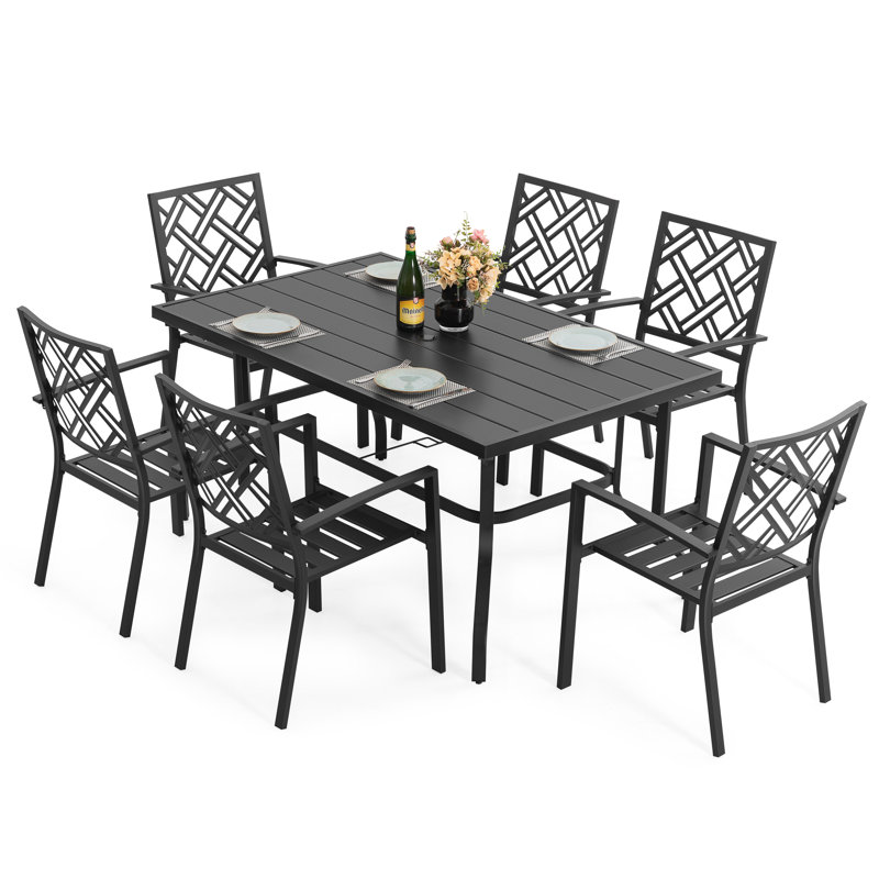 7-piece Metal Patio Dining Set With Umbrella Hole And Stackable Chairs, 7 Pieces: Table, 6 Chairs, 28.9" H x 37" W x 60.6" D